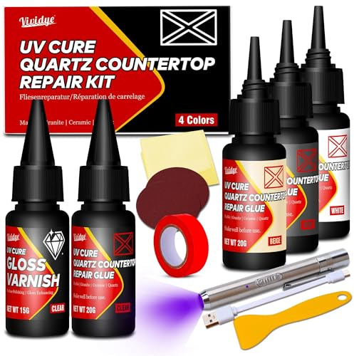 Fliesen Reparaturset, 4 Farben Emaille Reparaturset (Weiß,Beige,Grau,Klar) mit UV-Lampe&Klarlack, Schnelle Reparaturset von Kratzern, Rissen auf Quarz, Marmor, Granit, Glasfaser, Keramik Waschbecken
