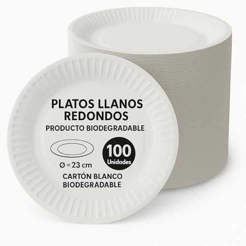 Platos de cartón blancos biodegradable, Plato de cartón llano redondo, apto para uso alimentario, Recomendado solo para alimentos secos, Certificado FSC® MIX 70%, Diámetro 23 cm, 100 unidades