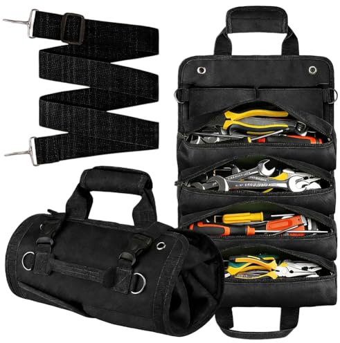 Borsa porta attrezzi arrotolabile, regalo per uomini e regali per uomini – Robusto rullo 1680D con 12 scomparti, impermeabile, regalo di compleanno (nero)