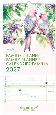 Jungle 2027: Wandkalender 22x45 cm mit 5 Spalten, 3-sprachigem Kalendarium, Stundenplänen & Ferienübersicht für Familien