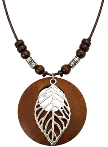 Gdrghe Handmade Long Wooden Antique Design Pendant Necklace for Women – Boho Vintage Chain, Carved Floral Costume Jewelry with Leather Rope-1Pcs