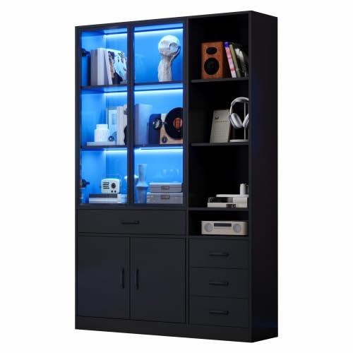 Vitrine, 120 x 35 x 200 cm, Schrank zur Aufbewahrung von 13 Fächern, 4 Schubladen