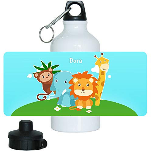 Trinkflasche mit Namen Dora und Tier-Motiv mit AFFE, Elefant, Löwe und Giraffe für Mädchen | Motiv-Trinkflasche | Kinder-Aluflasche