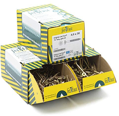 Original Jet-Fast Universalschrauben Set, Spanplattenschrauben, Duo-Senkrippenkopf, Mehrfach-KONKAV-Streifen, TX Antrieb, Holzschrauben, Selbstbohrspitze, Gelb verzinkt 1700 teilig