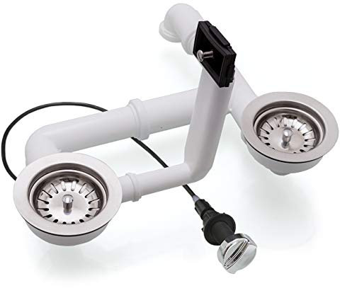 Spülenablauf 3 1/2 für Doppelbecken mit Überlauf rechteckig 2 x Siebkorbventil Ø 114 mm |Ablaufgarnitur EXA35/2-RS-1-4-5 |mit Drehexcenter Auswahl Chrom-Glanz (1)