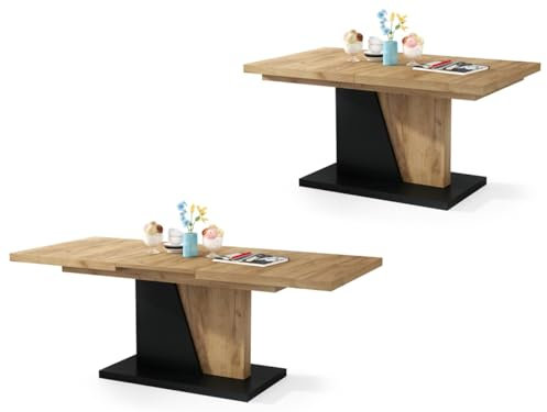 All4All Couchtisch Noel - Kaffeetisch - Wohnzimmertisch – Sofatisch mit Ablagen - Esstisch mit Einlegeplatte - ausklappbar - 120x70cm - 05 - Gold Craft Eiche + Schwarz
