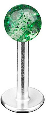 Taffstyle Piercing Stab Stecker Lippenpiercing Ohrpiercing Labret Lippe Ohr Tragus Helix Platte Stud mit UV Glitter Kugel Perle Silber Grün 1,2mm x 8mm x 3mm