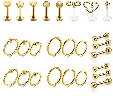 PiercingJak Helix Tragus Knorpel Piercing Gold Chirurgenstahl Labret Monroe Lippenpiercing Septum Nasenpiercing Clicker Barbell Stud Ohrstecker mit Kugel Punk Schmuck Körperpiercing 16Gauge 1,2mm