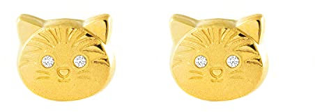 Mondepetit - Katze Zirkon Kinder Mädchen matt und glänzend Ohrringe Gelbgold 9K - Geschenkbox - Garantiezertifikat
