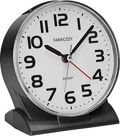 FAMICOZY Silent No Ticking Alarm Clock,Readable for Seniors Vision Impaired,Easy to Set,Ascending Alarm,Snooze,Gentle Wake,Soft Backlight,Battery Operated,Black