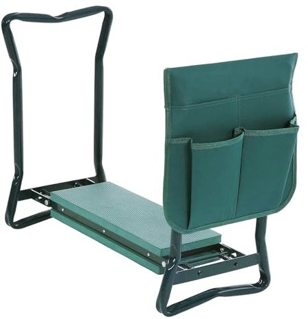 Tubiaz 2 in 1 Kniebank für Gartenarbeit, Gartenhocker mit Eva-Schaumkissen Gepolstert, Klappbar Gartenbank Arbeitshocker mit Werkzeugtasche, Erntebank Klapphocker Kniestuhl, 60 x 50 x 28 cm, Grün