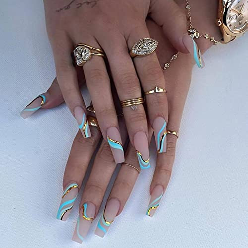 Carufin 24Pcs Gradient Purple Flower Long Coffin Crystal Acrylic Press on Ballet False Nails for Women Girls (Wave)