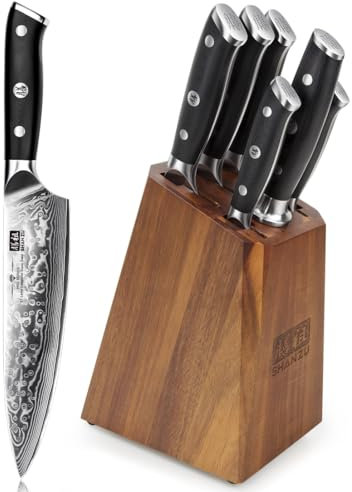 SHAN ZU Knife Set with Block, Damascus Kitchen Knife Sets 7-Piece Professional Knife Damascus Sets for Chef, Japanese High Carbon Super Steel 67 Layers Knife Block Set with G10 Handle