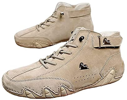 Dzhzuj Botas Altas de Cuero de Gamuza Hechas a Mano Italianas, Zapatillas Casuales para Hombres Transpirables para Senderismo, Impermeables y Antideslizantes (43,Khaki)
