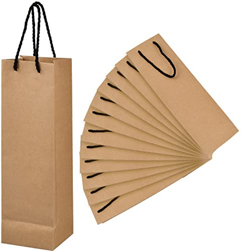 12 Pièces Sacs pour Bouteilles de Vin, Champagne Pochettes Cadeaux avec Poignées Solide, Vin Sacs en Papier Kraft Très Résistants, Sac à Champagne pour Anniversaire Fête Mariage, 11x9x35cm (Marron)