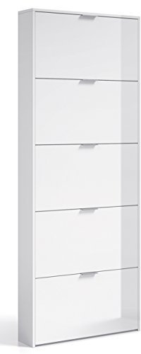 JUANIO Mueble Zapatero con 5 Puertas Abatibles en Madera con Acabado en Color Blanco Brillo - Dim: 70 x 17 x 180 centímetros