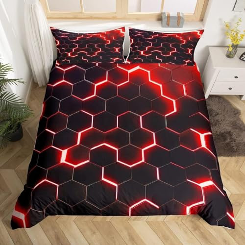 Homewish Honeycomb Bedding Set Double,Red Black Geometric Duvet Cover Neon Glitter Hexagon Geometry Comforter Cover For Kids Boys Teen Men Soft Lightweight Quilt Cover Bedroom Dorm Decor