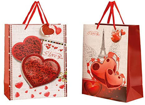 Moderne Geschenktüten Herzen und Liebe mit Glitzer im 4er Set Abmessung 26x32x12cm