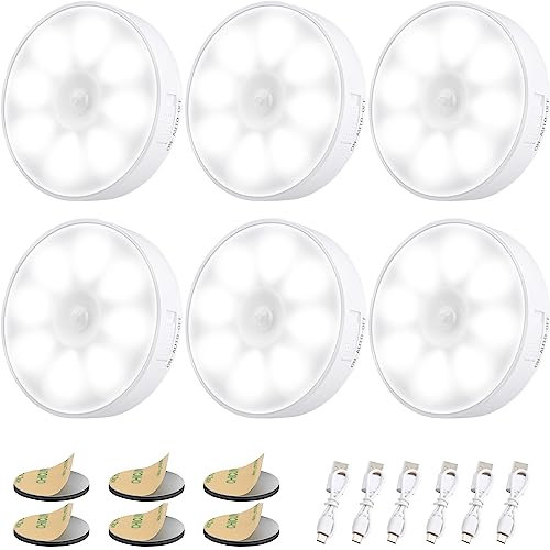 Electight 6 Pezzi Luce a Sensore di Movimento Interna, Luce Notturna LED Ricaricabile USB con 8 LEDs, 3 modalità, Adsorbimento Magnetico per Armadietto, Scale, Cucina, Corridoi, Camera, Bianco