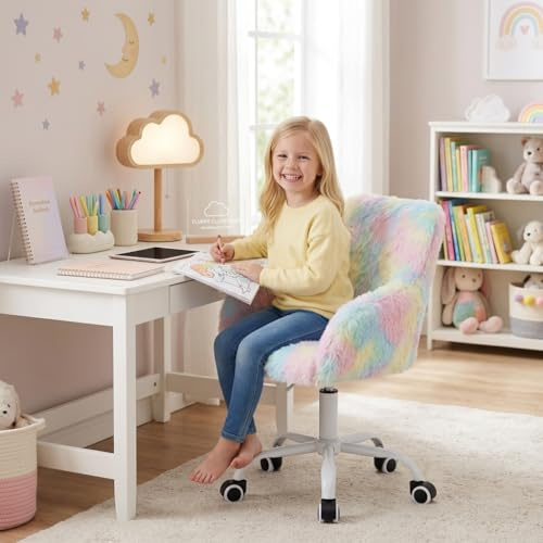 HEAH-YO Swivel Kids Chair with Wheels, Adjustable Kid Desk Chair with Arms, Cute Faux Fur Kids Study Chairs for Boys and Girls, Rainbow Color