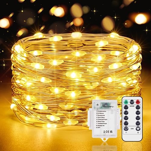 Vacoulery Fairy Lights Battery Operated [Timer & Remote], 10M 100LEDs 8 Modes Outdoor Copper Wire String Lights Small Waterproof Battery Powered Christmas Lights for Jars, Wine, Tree