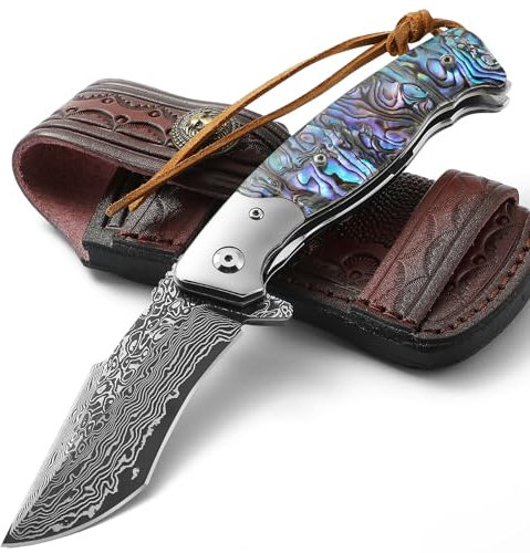 DRACHENADER Grand couteau de poche en acier Damas pour camping, pliant avec manche en abalone et étui en cuir véritable