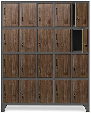 Domator Umkleideschrank 5B4A Fächerschrank Schließfachschrank mit 20 Fächern Wertfachschrank Metall Pulverbeschichtung 172 cm x 136 cm x 45 cm (H x B x T) (Anthrazit-Holzoptik)