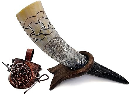 5MOONSUN5 Autentico corno vichingo inciso a mano, corno con supporto e fondina in pelle, boccale in stile nordico, tazza unica per festival e decorazione della casa, 473 ml