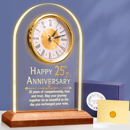 OkiyiD Light Up 25th Anniversary Wedding Gifts Quartz Clock with Wooden Base,25 Years Silver Wedding for Couple,Parents,Soft Warm White Lighting 25th Anniversary Decoration Gifts