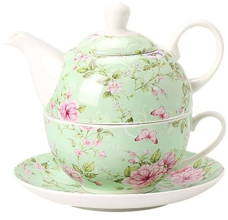 TYMYYS Tè Per Un Insieme Della Teiera E Della Tazza, Servizio Da Tè In Porcellana Cinese, Set Regalo Teiera Per Donna, Set Teiera E Tazze-verde e fiore-pentola 400ml,tazza 250ml