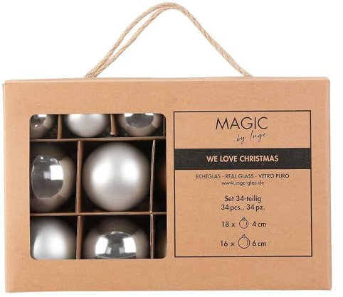 Inge Glas Weihnachtskugeln | Große Kugelbox mit 34 Kugeln | 4cm & 6cm große Christbaumkugeln (Frosty Silver | Silber weiß)