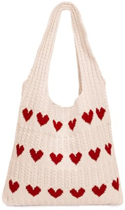 DKIIL NOIYB Gestrickte Umhängetasche Gehäkelte Einkaufstasche Herz Handtasche Hobo Bag Strick Tragetasche Häkeltasche Herz Strandtasche Tote Bag Teenager Mädchen Shopper Tasche (A2-Aprikose)