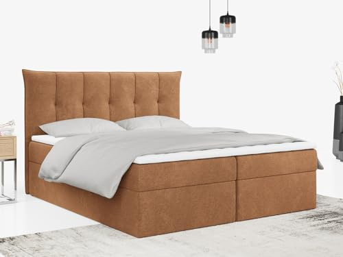 MKS MEBLE Boxspringbett 140x200 mit Bettkasten und Matratze H4, Polsterbett 140x200 mit Bettkasten, Bett 140x200 mit Stauraum und Topper - Premium-10 - Orange Struktur