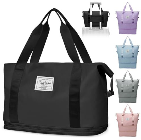 Paneerte Reisetasche Damen, Handgepäck Tasche Faltbare Reisetasche Weekender Damen Reisetasche Handgepäck Nass- Und Trockenreisetasche, Geeignet Für Sport Und Reisen, Dunkles Schwarz
