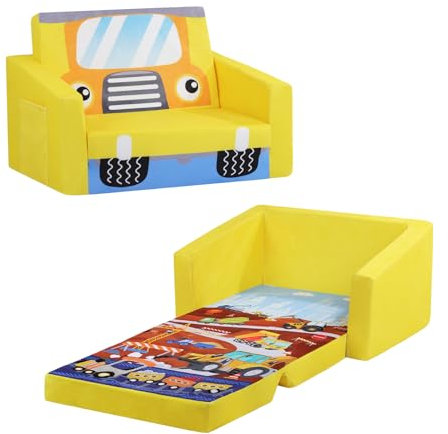 decalsweet Faltbarer KinderSofa-2 in 1 Schlafsofa- Kindersessel mit Stofftasche, Weiche Flip Open Kinderstuhl für Schlafzimmer Wohnzimmer Spielzimmer,Auto Gelb