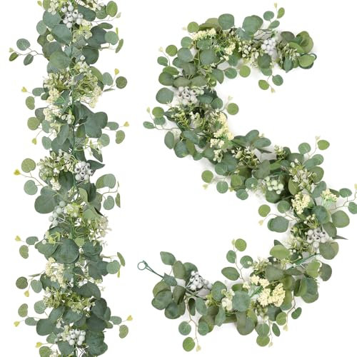 LOMOHOO Künstliche Eukalyptus Girlande,2 Stück Künstliche Girlanden mit Beeren,Eukalyptus Blätter Girlande Hochzeit Girlande Grün Deko Hängepflanze für Party Tisch Schlafzimmer Badezimmer Hintergrund
