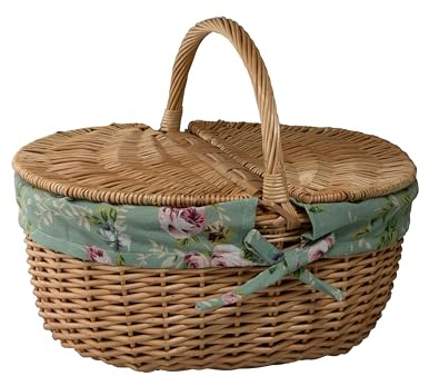Arthur Cameron - Petit panier de pique-nique ovale en saule avec poignée, couvercle à double ouverture et doublure en coton amovible et lavable – Classique, traditionnel, vintage, mini panier de