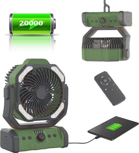 SmartTail Battery Powered Camping Fan with LED Lantern, 20000mAh Portable Travel Fan with Light and Hook, Adjustable Speed, Timer, Remote Control Tent Fan USB Rechargeable for Camping Beach RV Green
