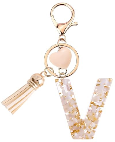 Vorysum Schlüsselanhänger Kinder Schlüssel Buchstabe Anhänger Beige Marmor Harz Mit Anfangsbuchstaben Gold Schlüsselringe Herzförmig Schlüsselanhänger Personalisiert Mädchen Keychain Geschenk (V)