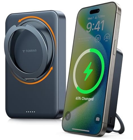 TORRAS Ostand Qi2 Powerbank für MagSafe mit 360° Ständer, Qi2-Zertifiziert 10000mAh Schnellladen Magnetische Power Bank, Externe Akkupack für iPhone 17 Pro Max/Air/16/15/14/13/12, Raum Schwarz.