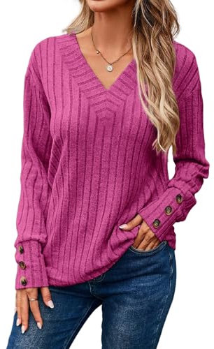 Dokotoo Pullover Damen V-Ausschnitt Langarmshirt Leichte Strickpullover Herbst Winter Lässige Oberteile Pulli Tops, Rose, M