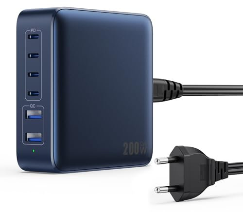 200W Chargeur USB C Multiple, 6 Ports GaN III Tech Chargeur Rapide QC+PD 65W Chargeur Laptop Adaptateur avec 4 USB-C et 2 USB-A Multiprise USB pour MacBook Pro/Air, iPad, iPhone 16/15, Samsung etc