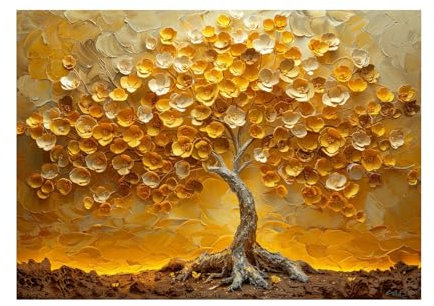 WIKEO Moderne Impression sur Toile Tableau, Arbre d’or Tableau Decoration Murale Deco Salon Chambre Cuisine Horizontal Tableaux Muraux-70x100cm Sans cadre (Or)