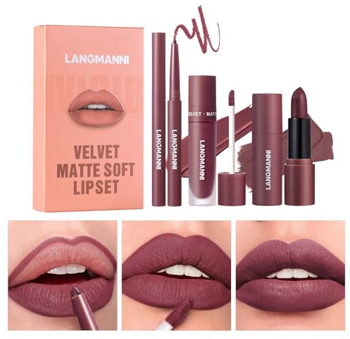 3 in 1 Matte Samt-Lippenstift-Set, 3Pcs Matte Lippenstift + Matte Flüssig-Lippenstift + Lip Liner Set, Samtiger Lippenstift Lang anhaltender Lipgloss Make Up Geschenkset (#06, 1er-Packung)