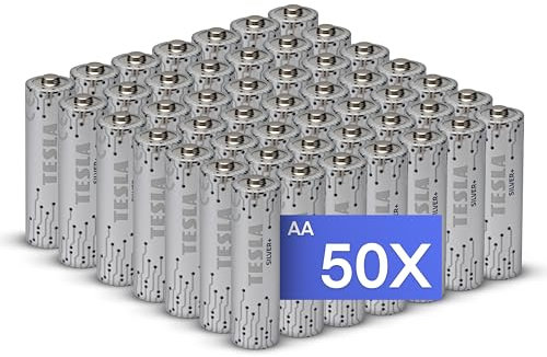 Tesla Future Batteries Batterie AA Pacco Da 50 LR6 Pile Alcaline 1,5 V Potenti Durevoli TESLA SILVER +