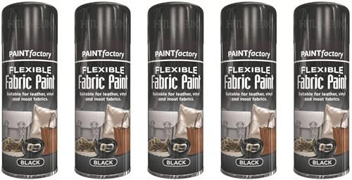 HitlineUK 5 x Black Flexible Fabric Spray Paint 200ml Aerosol Can Ideal For Leather Art Vinyl Fabric & Crafts Quick Drying Spray