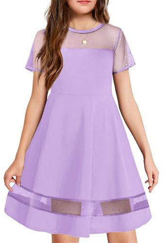 Arshiner Ragazze Abito da Festa Estivo Bambini Abito A-Line Elegante Vestito Moda Casual Abiti Manica Corta per Ragazze 9-10 Anni Viola
