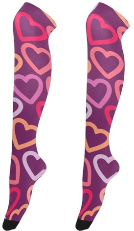 Yuiboo Calze alte alla coscia da donna per San Valentino, con cuori rossi e viola, leggere, lunghe calze per stivali per modelli alti al ginocchio, San Valentino Rosso Viola Cuori, 4 x 23 inches
