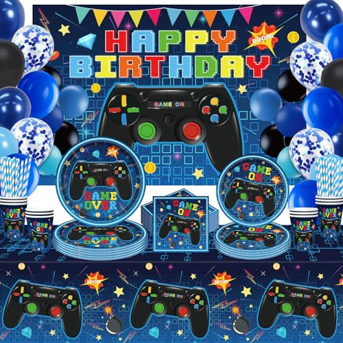 146 Pcs Video Game Birthday Decorations Game Accessories Party Video Game Tableware Set Including Backdrop Plates and Table Cloth for Birthday Decorations Children Serves 20 Guests