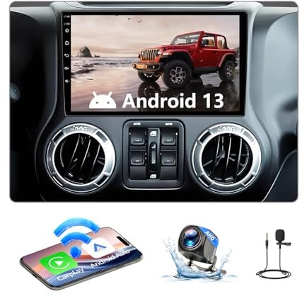 25.4 cm Android 13 Autoradio Stereo Kompatibel mit Jeep Wrangler (2007-2018) JK Compass Grand Cherokee Wireless CarPlay & Android Auto Touchscreen 2+64GB WiFi/BT/GPS/FM/Rückfahrkamera/SWC